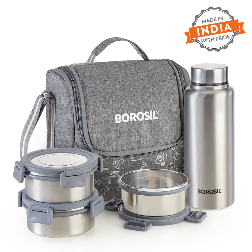 Borosil Slate Stainless Steel Lunchbox w SS Bottle