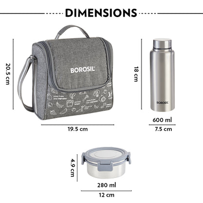 Borosil Slate Stainless Steel Lunchbox w SS Bottle