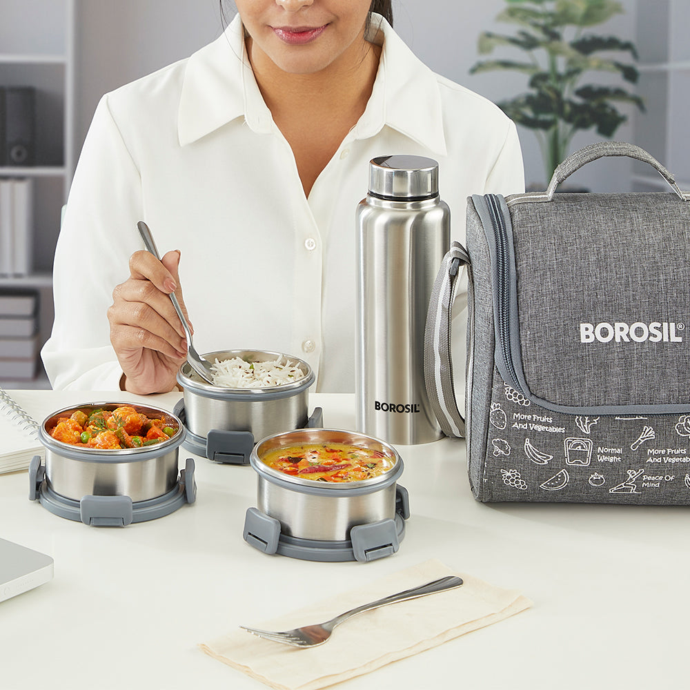 Borosil Slate Stainless Steel Lunchbox w SS Bottle