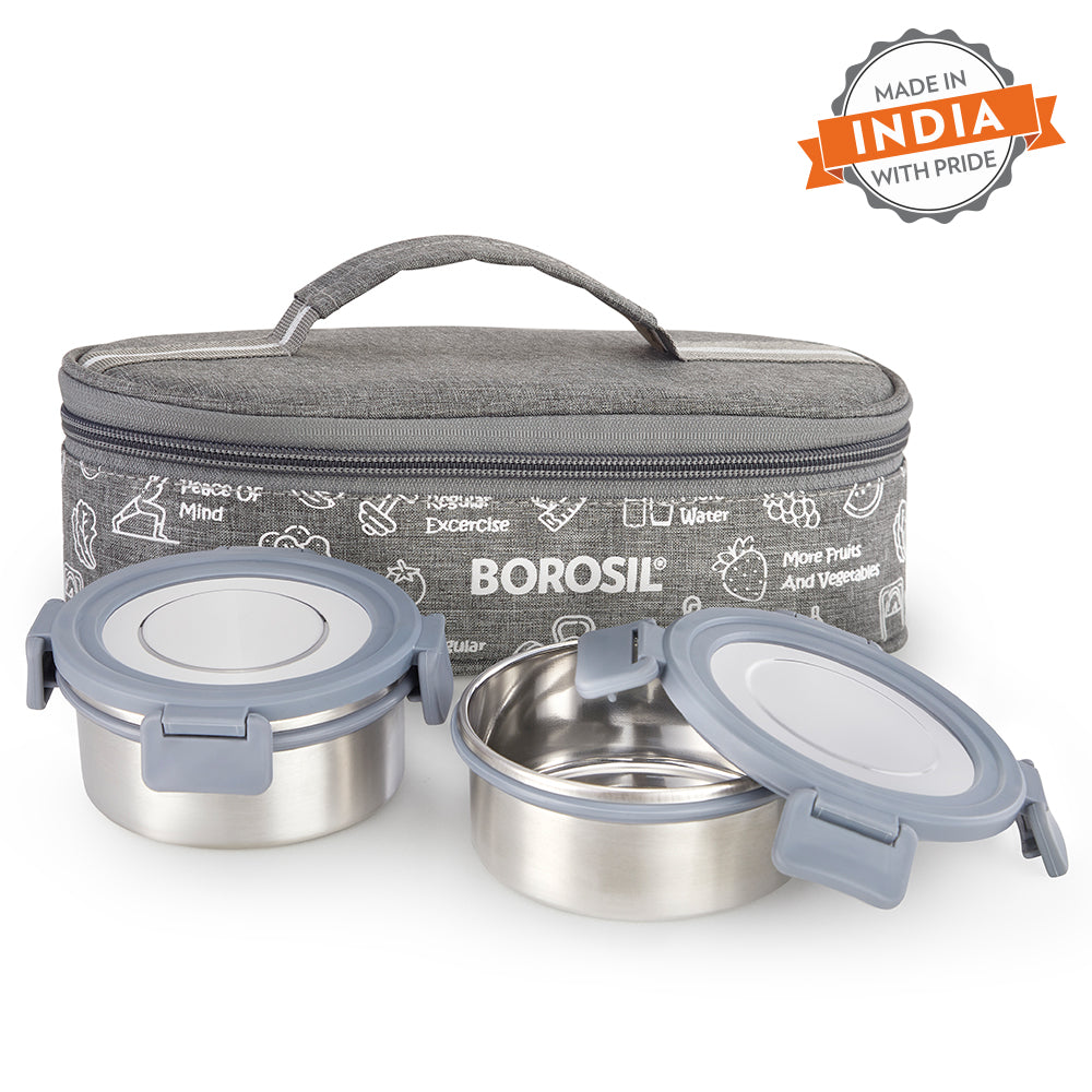 Borosil Slate Stainless Steel Lunchbox, Set of 2, Flat