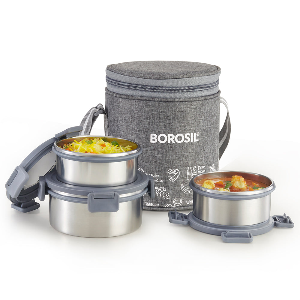 Borosil Slate Stainless Steel Lunchbox, Set of 3, Tall