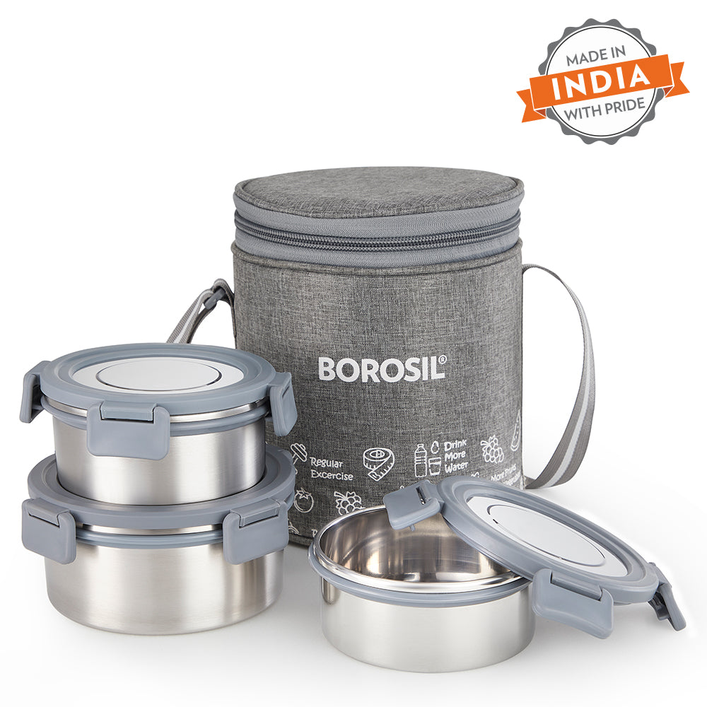 Borosil Slate Stainless Steel Lunchbox, Set of 3, Tall