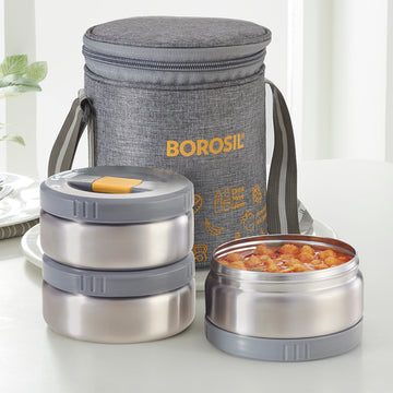 Borosil Mealmate Stainless Steel Lunchbox, Set of 3, Tall