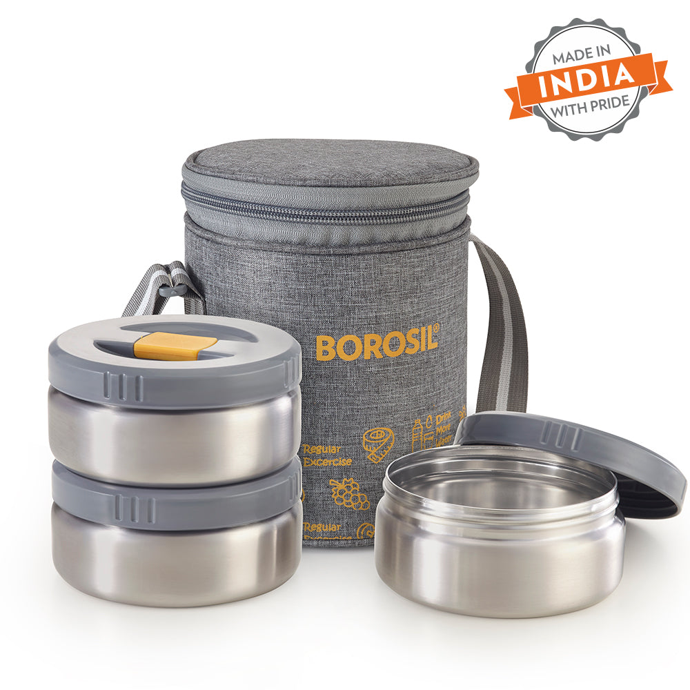 Borosil Mealmate Stainless Steel Lunchbox, Set of 3, Tall