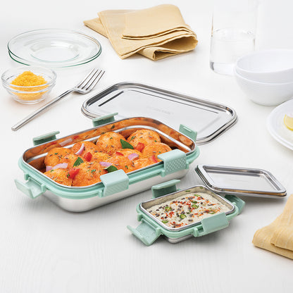 Slim Rectangular Stainless Steel Lunch Box, Green