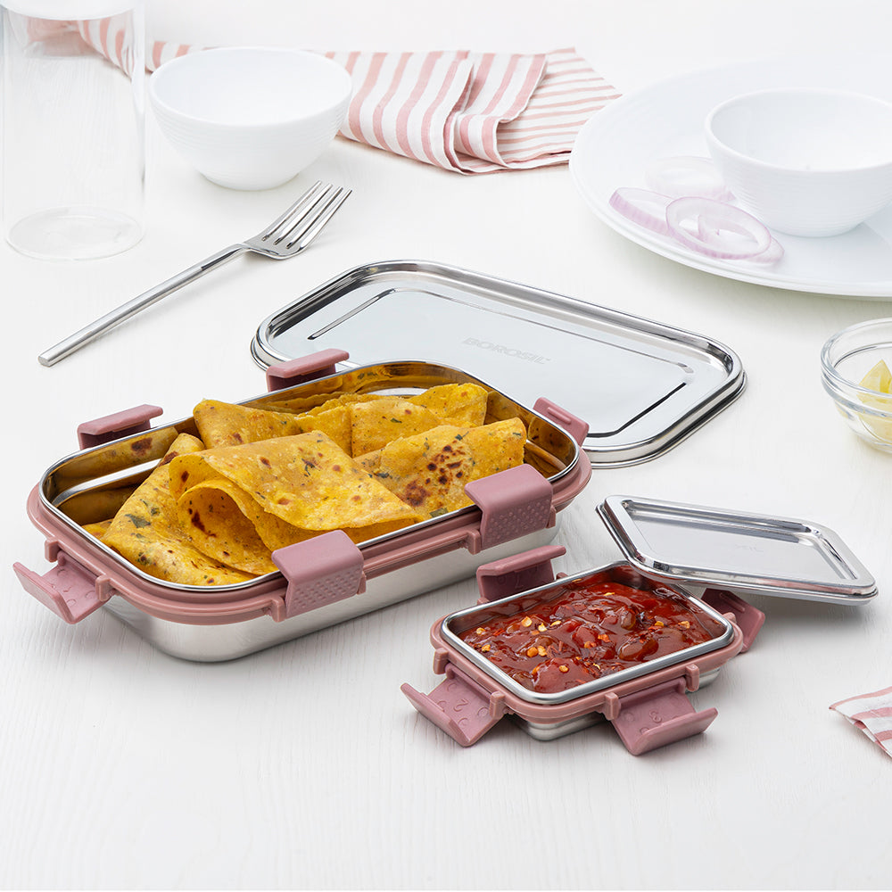 Borosil Slim Lunch Box Set, Pink