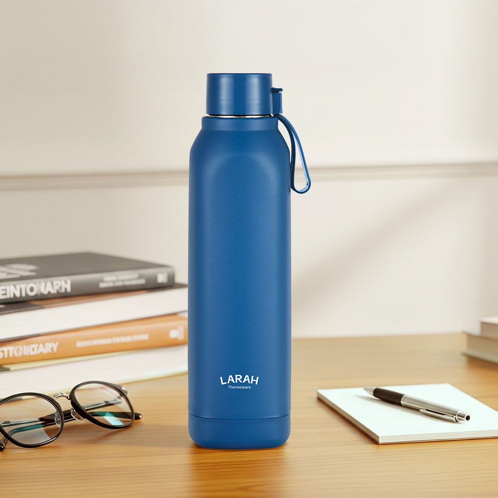 Larah Cube Square PU Thermoware Bottle, 700 ml, Blue