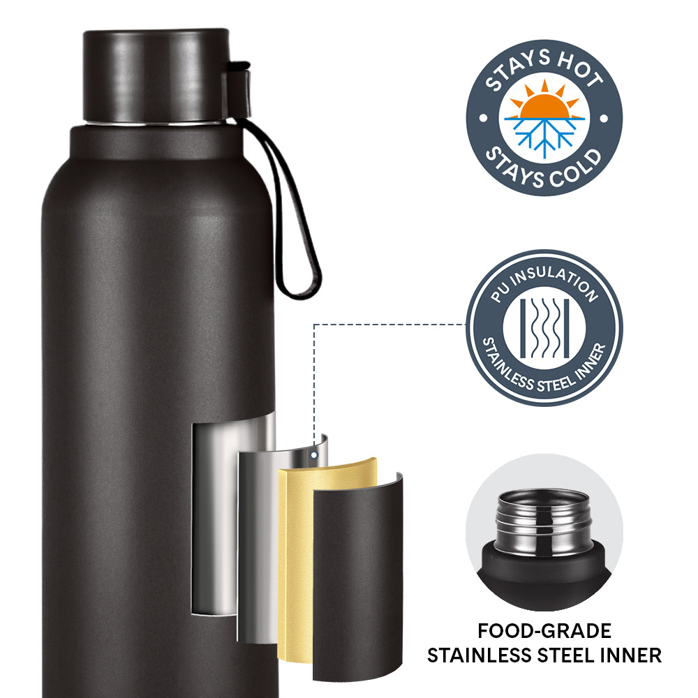 Larah Orbit Round PU Thermoware Bottle, Black