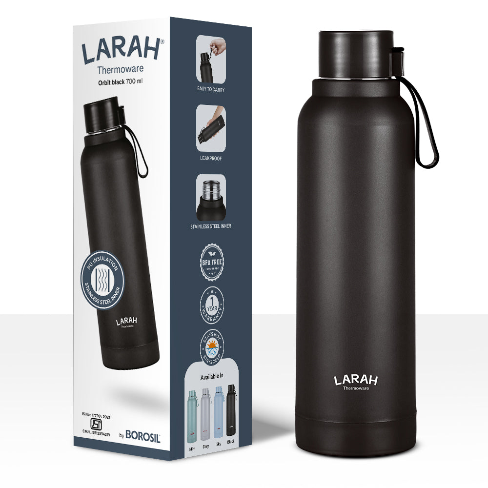Larah Orbit Round PU Thermoware Bottle, Black