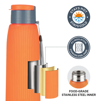 Larah Lava Fluted PU Thermoware Bottle, 700 ml, Orange