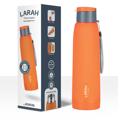 Larah Lava Fluted PU Thermoware Bottle, 700 ml, Orange