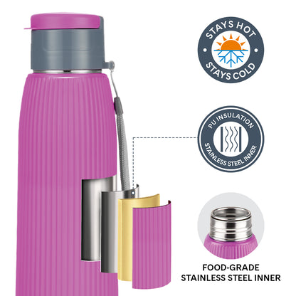 Larah Lava Fluted PU Thermoware Bottle, 700 ml, Purple