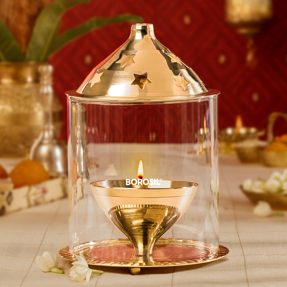 My Borosil Akhand Diya Large Borosil Akhand Diya, Brass