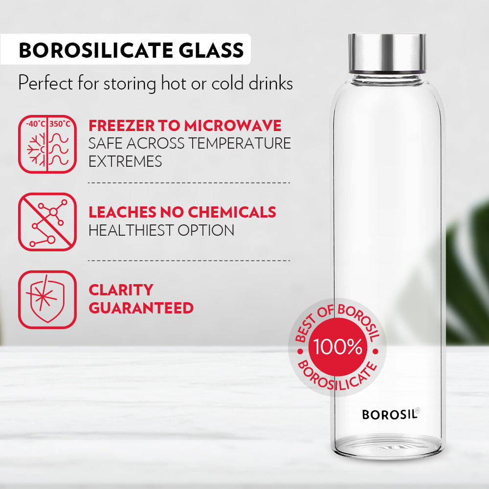 My Borosil Borosilicate Glass Bottles 550 ml Crysto Slim Glass Bottle - SS Lid