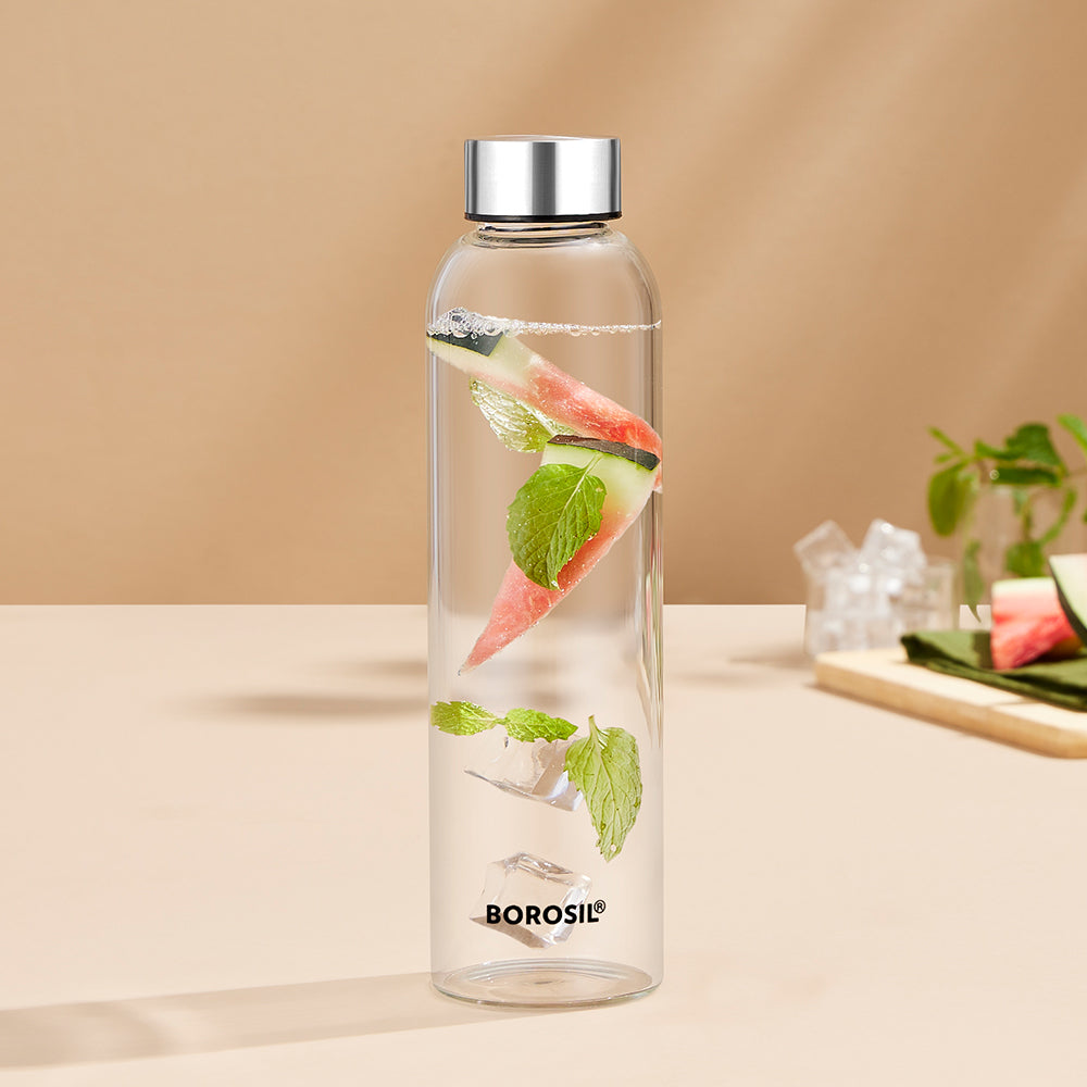 My Borosil Borosilicate Glass Bottles 550 ml Crysto Slim Glass Bottle - SS Lid