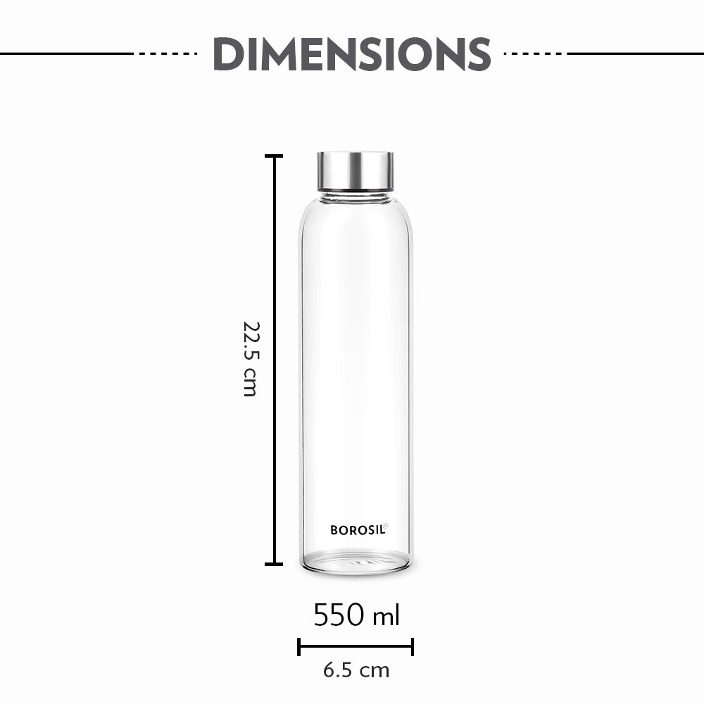 My Borosil Borosilicate Glass Bottles 550 ml Crysto Slim Glass Bottle - SS Lid