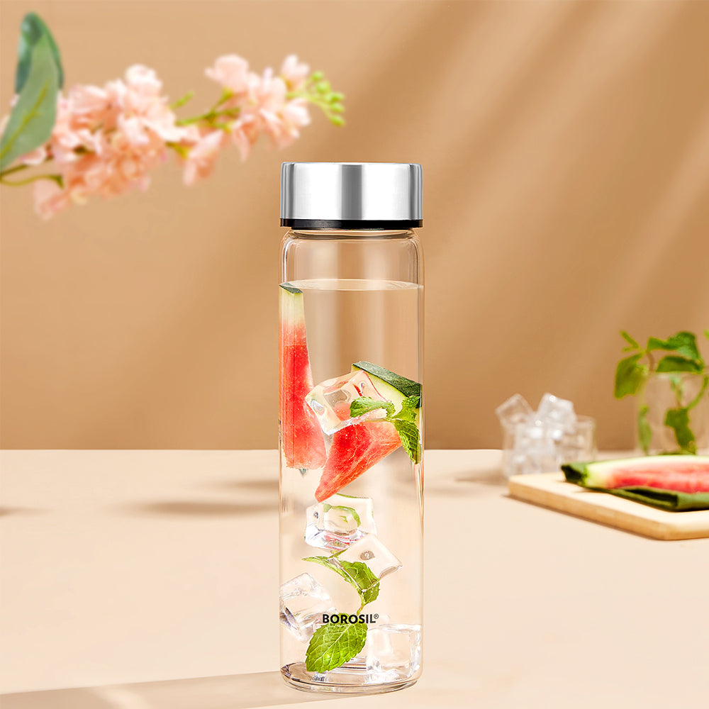 Borosil Neo Borosilicate Glass Bottle - Silver Lid - Personalise