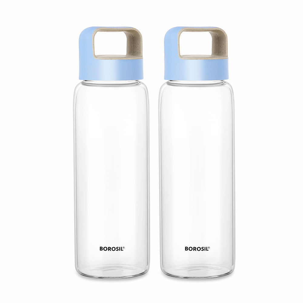 My Borosil Borosilicate Glass Bottles 750 ml x 2 Crysto Glass Bottle Set of 2 - Blue Lid