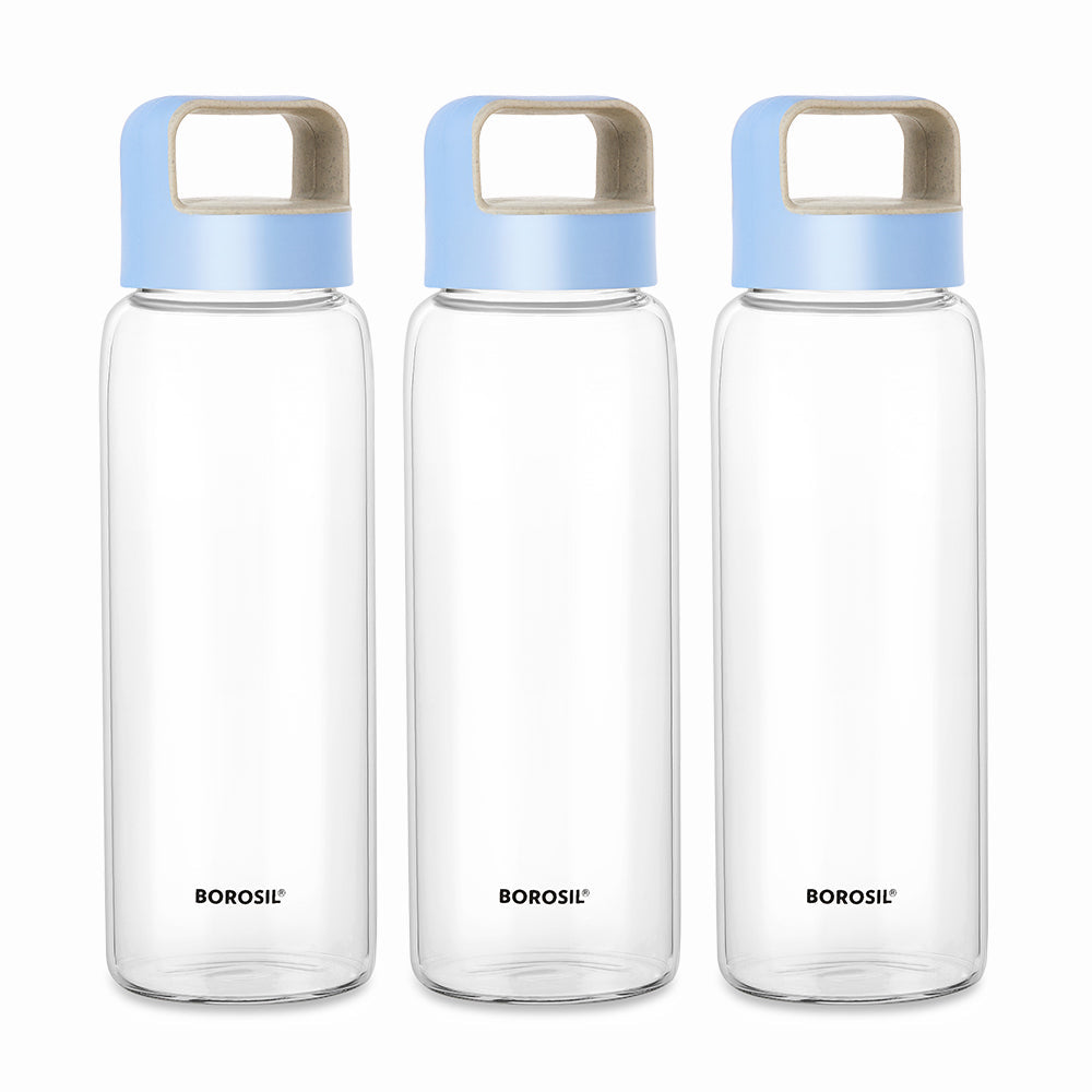 My Borosil Borosilicate Glass Bottles 750 ml x 3 Crysto Glass Bottle Set of 3 - Blue Lid