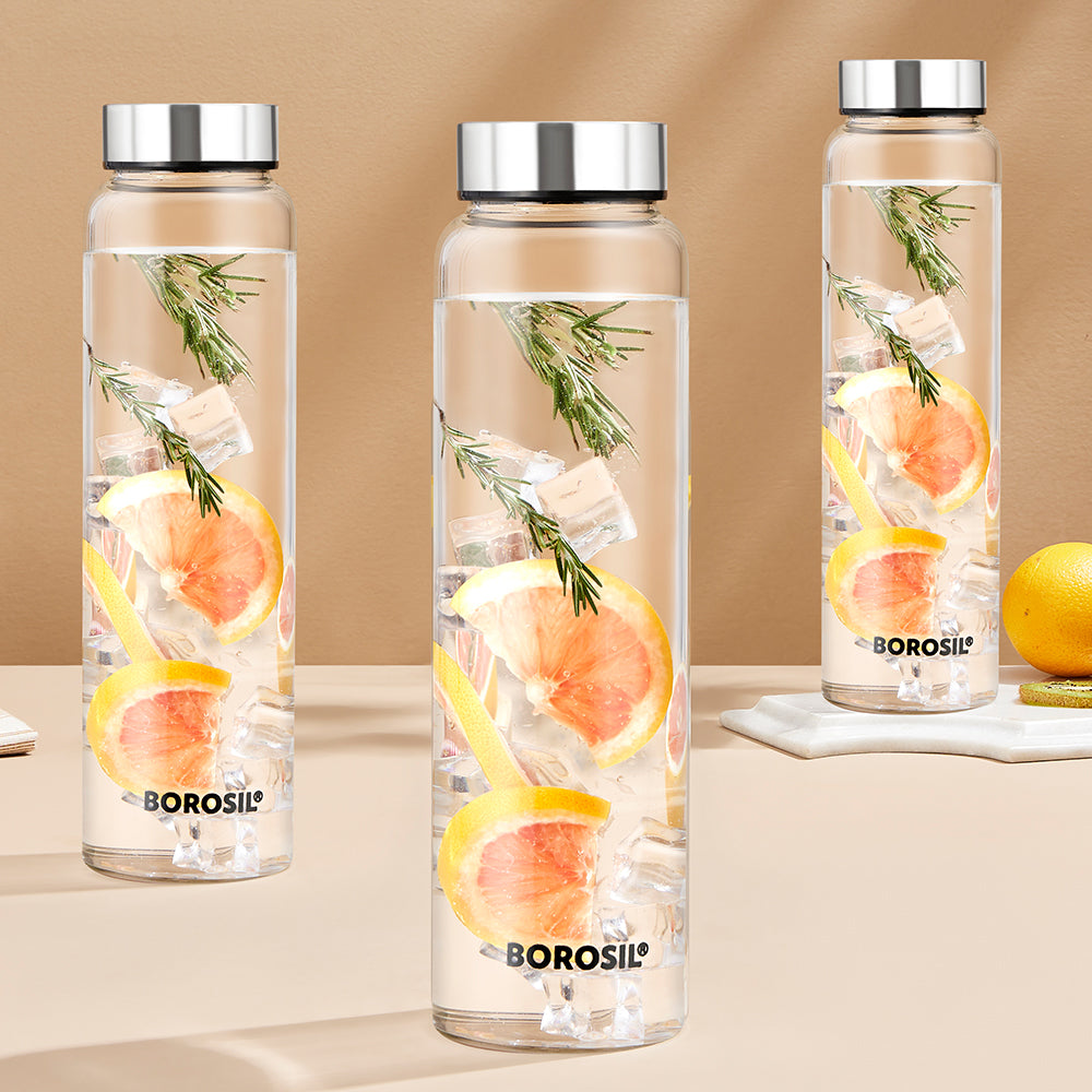 My Borosil Borosilicate Glass Bottles 750 ml x 3 Crysto Glass Bottle Set of 3 - SS Lid