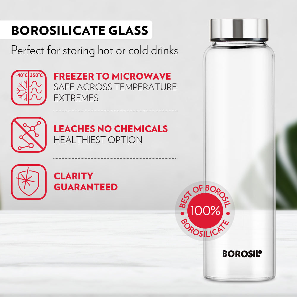 My Borosil Borosilicate Glass Bottles 750 ml x 3 Crysto Glass Bottle Set of 3 - SS Lid