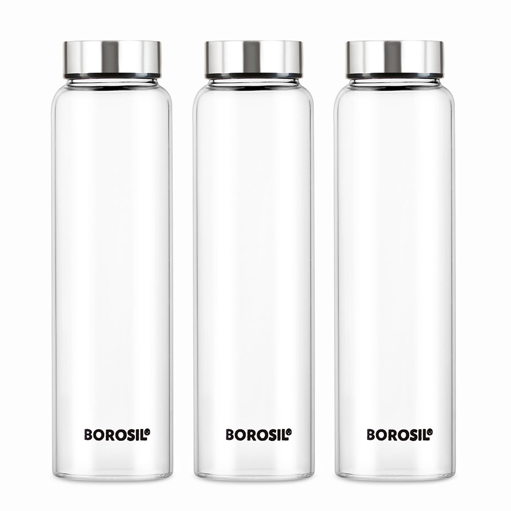 My Borosil Borosilicate Glass Bottles 750 ml x 3 Crysto Glass Bottle Set of 3 - SS Lid