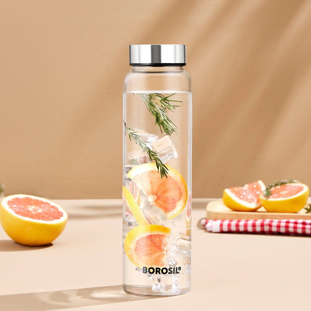 Borosil Crysto Glass Bottle w SS Lid, Personalise, 750ml