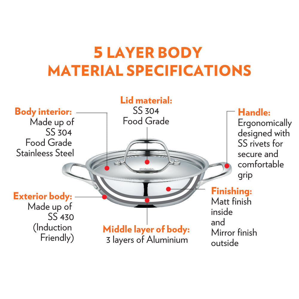 My Borosil Casseroles & Kadhais Borosil Cookfresh SS Five-ply Kadhai