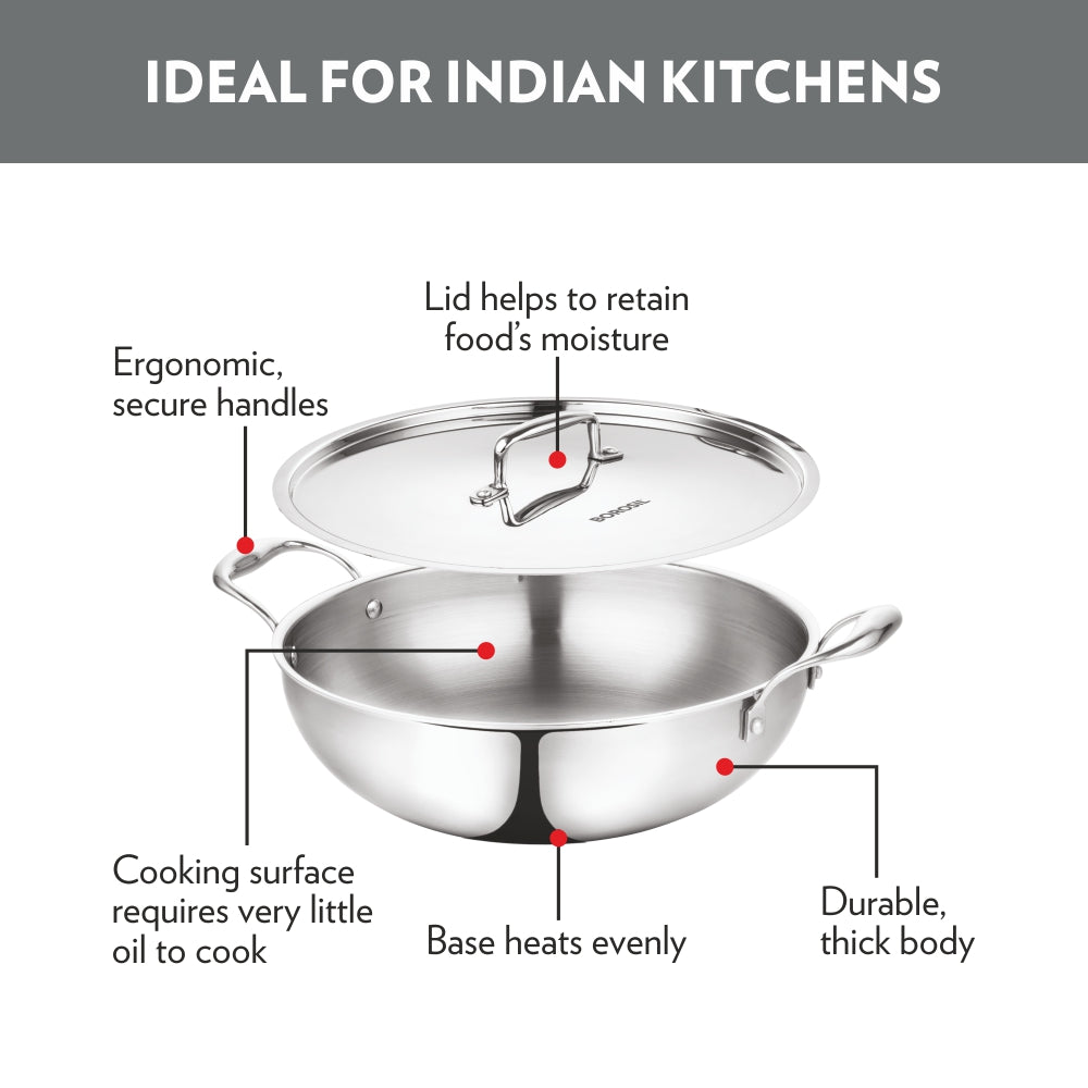 Borosil Cookfresh Triply Kadhai (SS Handle + Lid), 6.4L