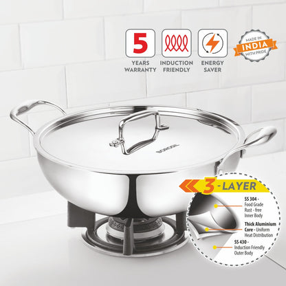 Borosil Cookfresh Triply Kadhai (SS Handle + Lid), 6.4L