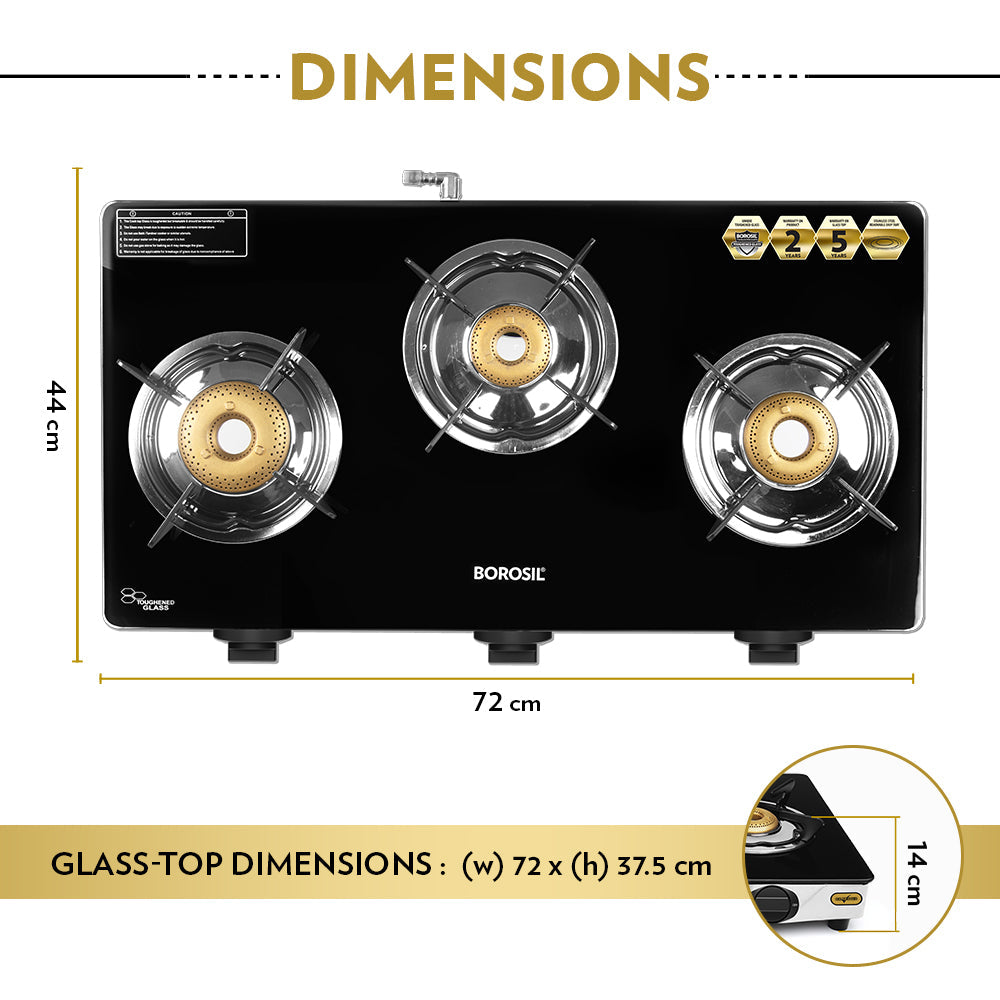 My Borosil Cooktop 3 Burners (1 Jumbo + 1 Large & 1 Small) Borosil Blaze Glass-top Gas stove, 3 Burners