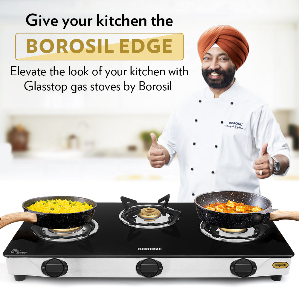 My Borosil Cooktop 3 Burners (1 Jumbo + 1 Large & 1 Small) Borosil Blaze Glass-top Gas stove, 3 Burners