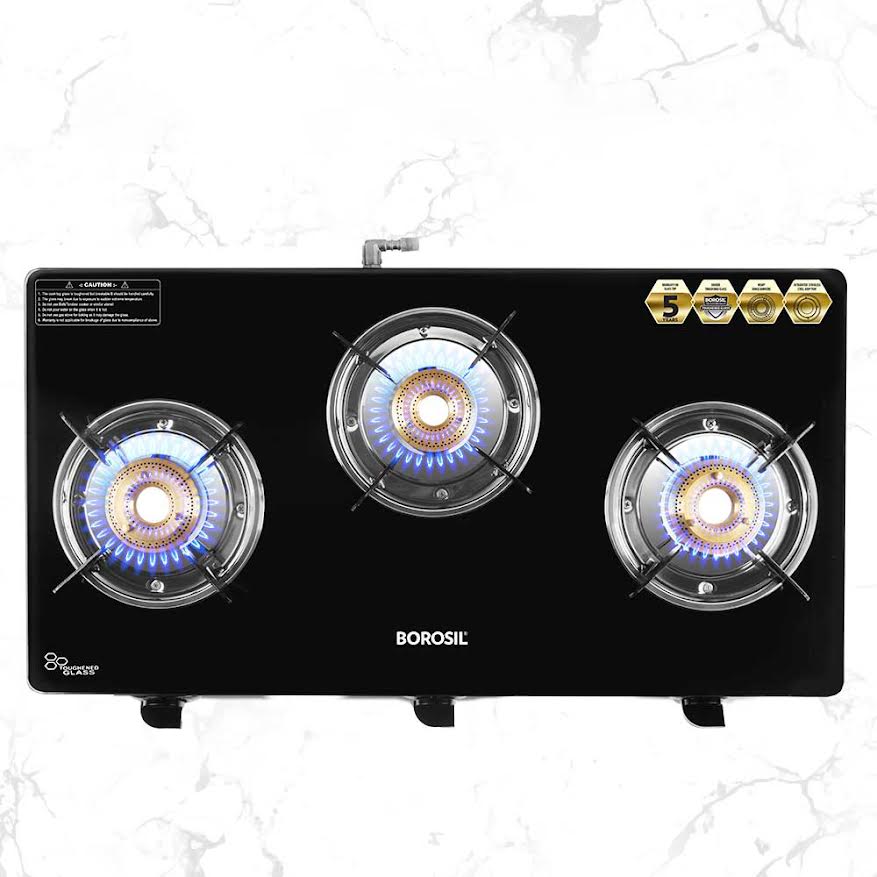 My Borosil Cooktop 3 burners (2 large & 1 small) Borosil Flare Glasstop Gas stove, 3 Burners