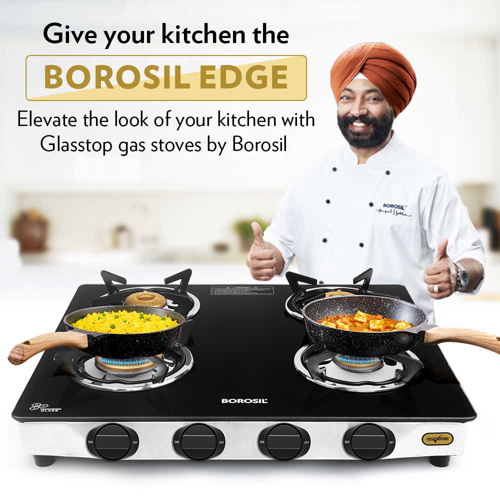 My Borosil Cooktop 4 Burners (1 Jumbo + 2 Large & 1 Small) Borosil Blaze Glass-top Gas Stove, 4 Burners