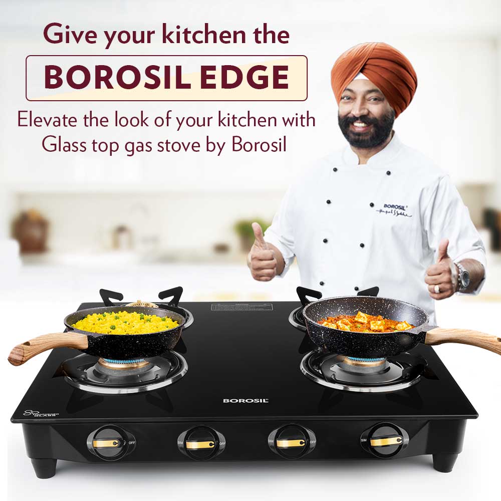 My Borosil Cooktop 4 burners (2 large & 2 small) Flare Glasstop Gas stove, 4 Burners