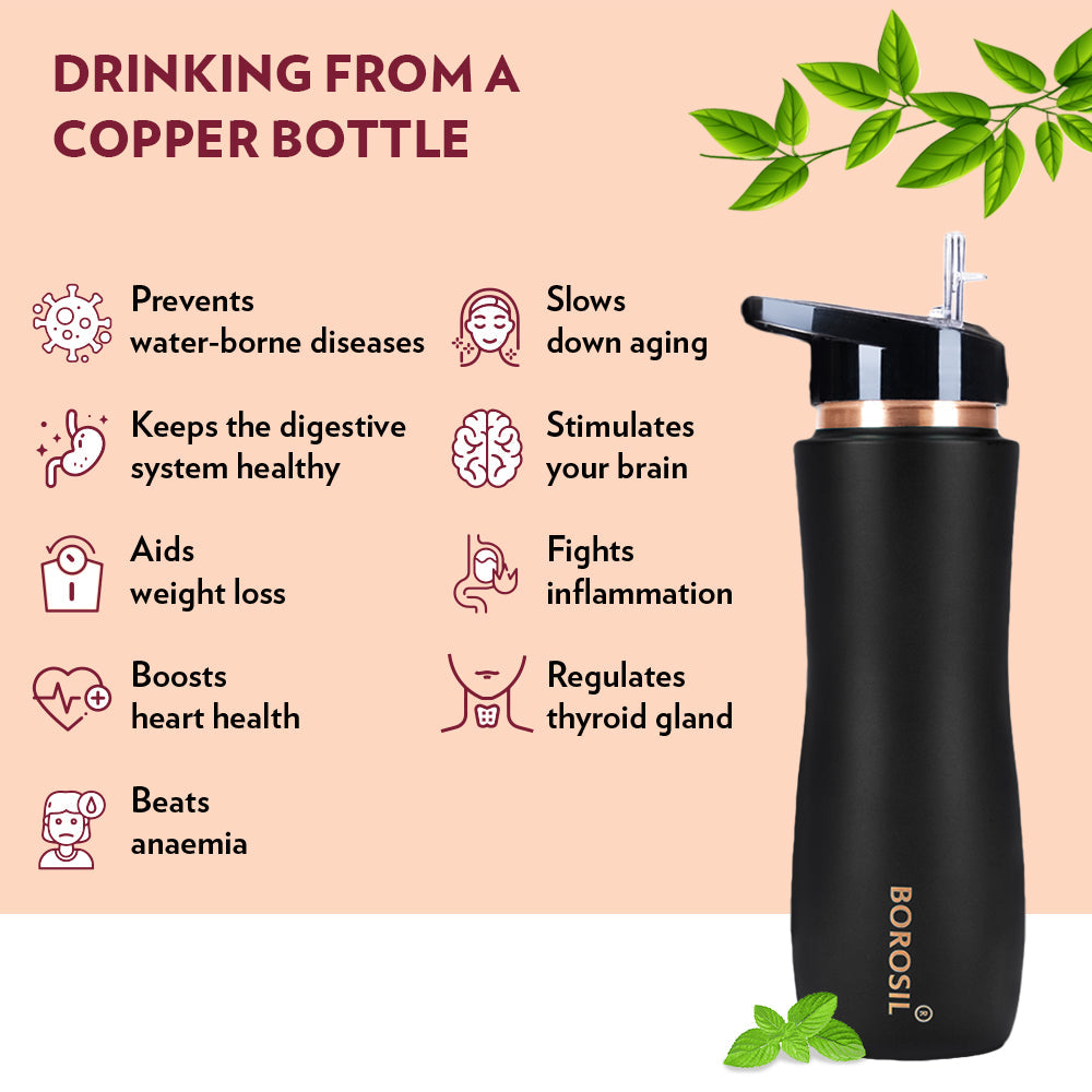 My Borosil Copper Water Bottles 750 ml Sipper Copper Bottle, Black, 750 ml