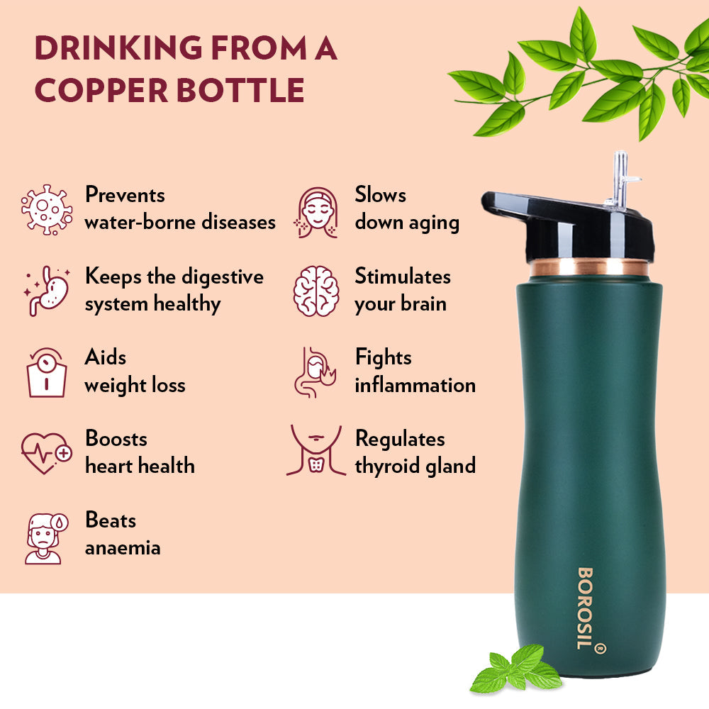 My Borosil Copper Water Bottles 750 ml Sipper Copper Bottle, Green, 750 ml