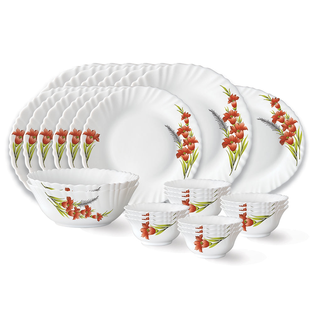 My Borosil Dinner Sets 27 pc Set: Serves 6 (Option 1) Larah by Borosil Red Iris Dinner Set