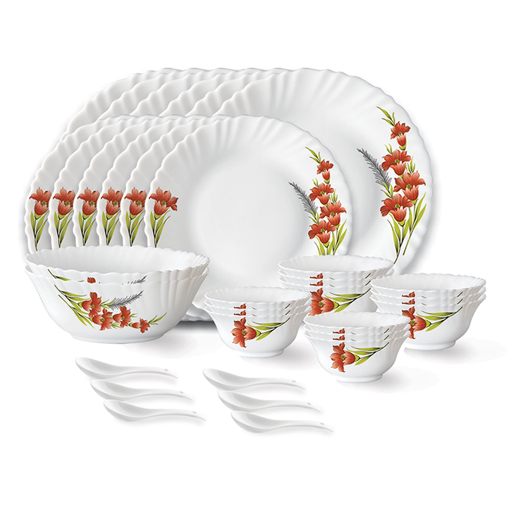 My Borosil Dinner Sets 33 pc Set: Serves 6 Larah by Borosil Red Iris Dinner Set