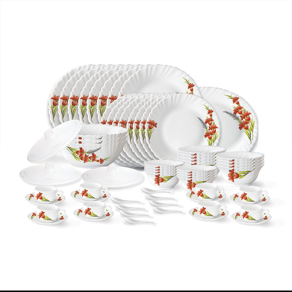 My Borosil Dinner Sets 63 pc Set: Serves 8 Larah by Borosil Red Iris Dinner Set