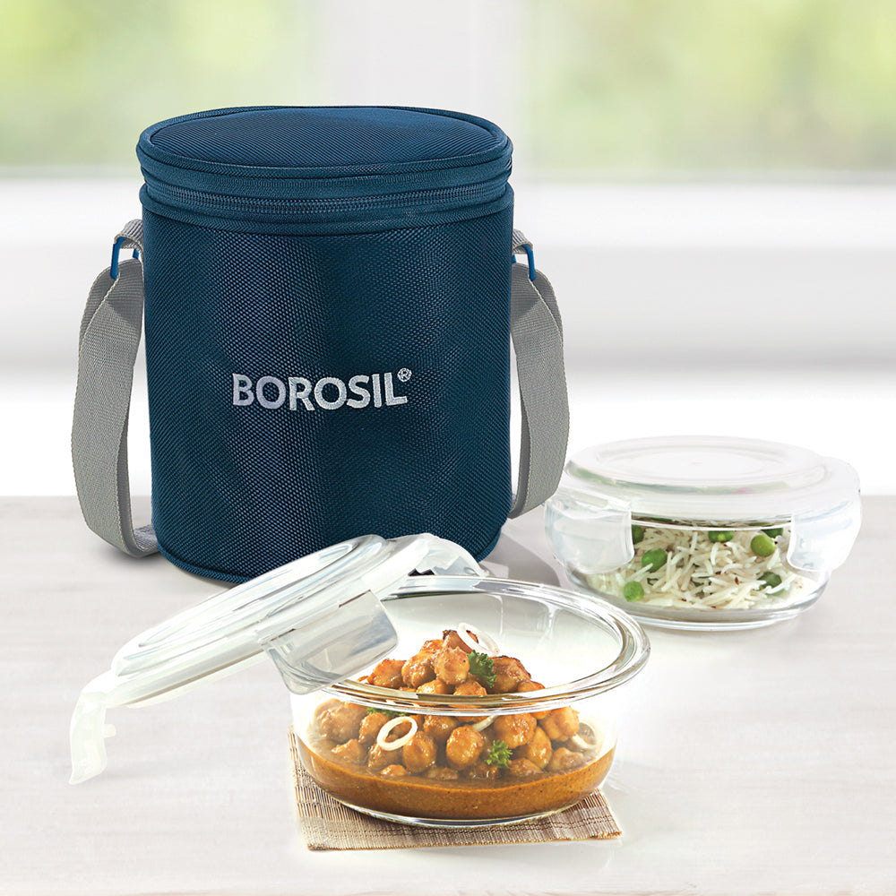 My Borosil Glass Lunchboxes 400 ml x 2 Borosil Inspire Glass Lunchbox, Round x 2 (Tall Bag)