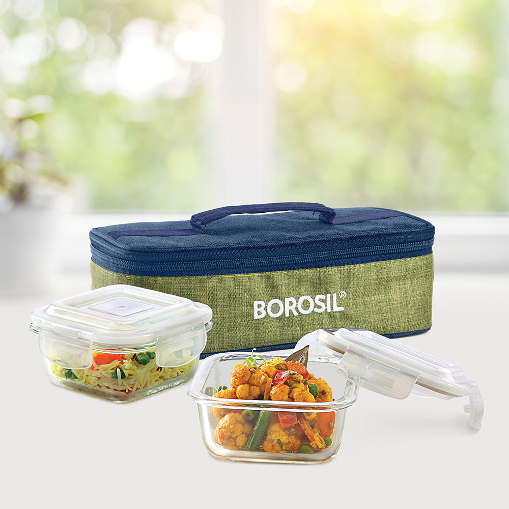 My Borosil Glass Lunchboxes Set of 2, 320ml Ace Green Glass Lunch Box, Square x 2 (Flat)