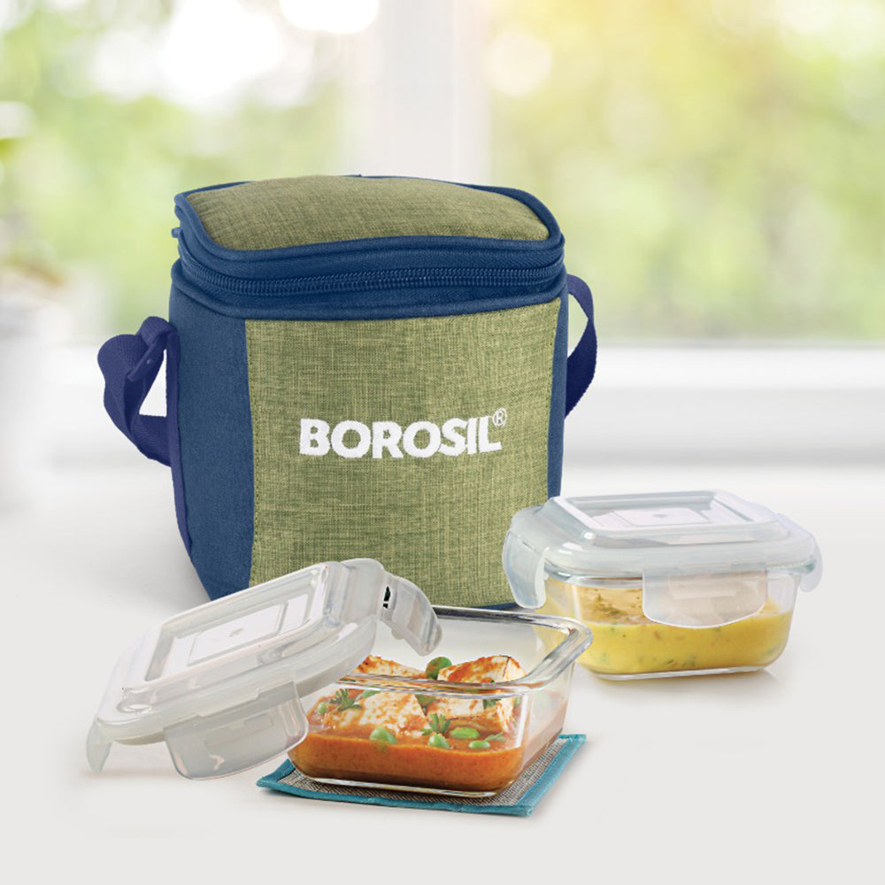 My Borosil Glass Lunchboxes Set of 2, 320ml Ace Green Glass Lunch Box, Square x 2 (Tall)