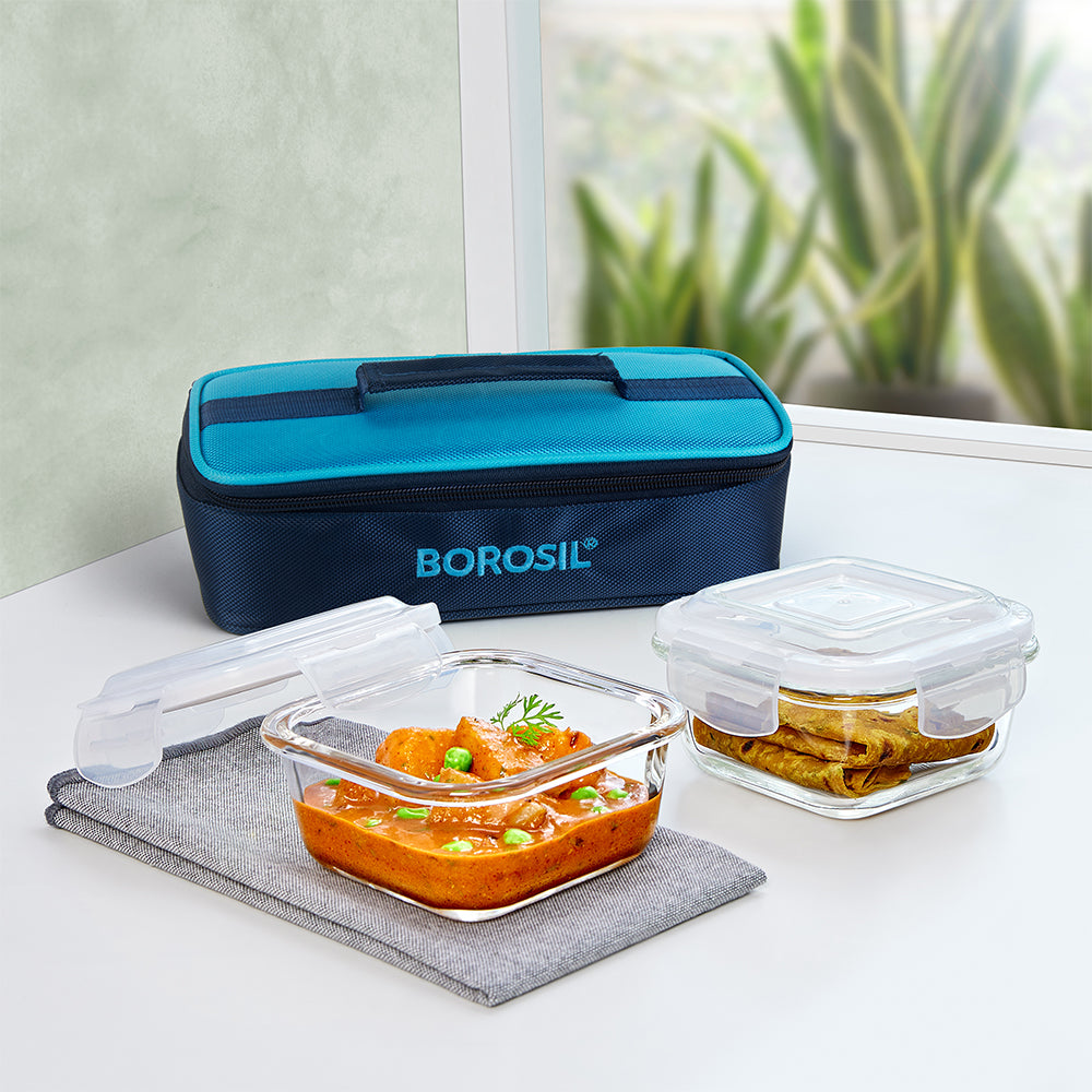 My Borosil Glass Lunchboxes Set of 2, 320ml Alfa Blue Glass Lunch Box, Square x 2 (Flat)