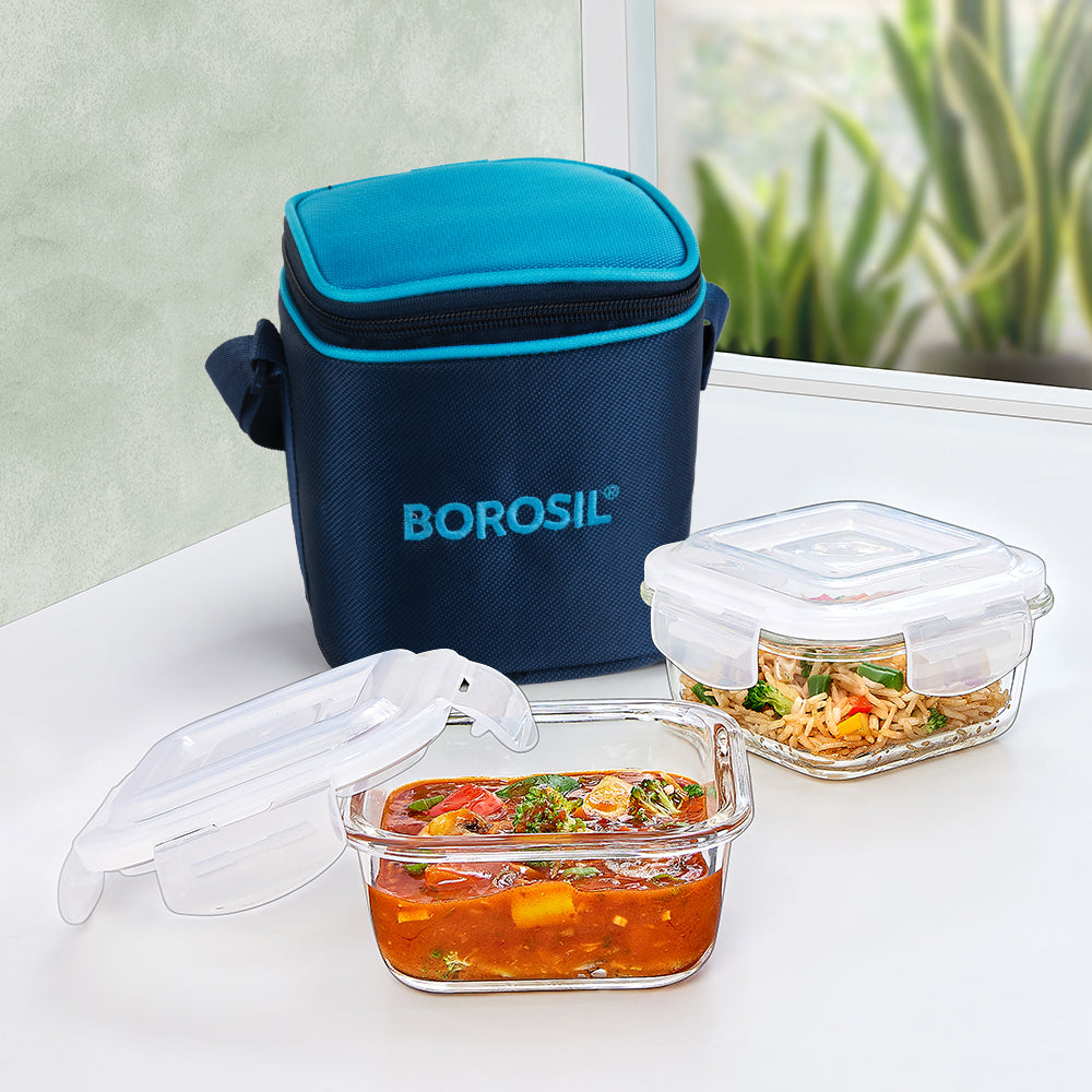 My Borosil Glass Lunchboxes Set of 2, 320ml Alfa Blue Glass Lunch Box, Square x 2 (Flat)