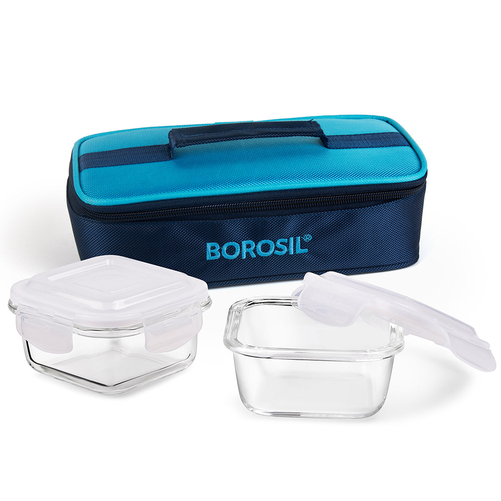 My Borosil Glass Lunchboxes Set of 2, 320ml Alfa Blue Glass Lunch Box, Square x 2 (Flat)