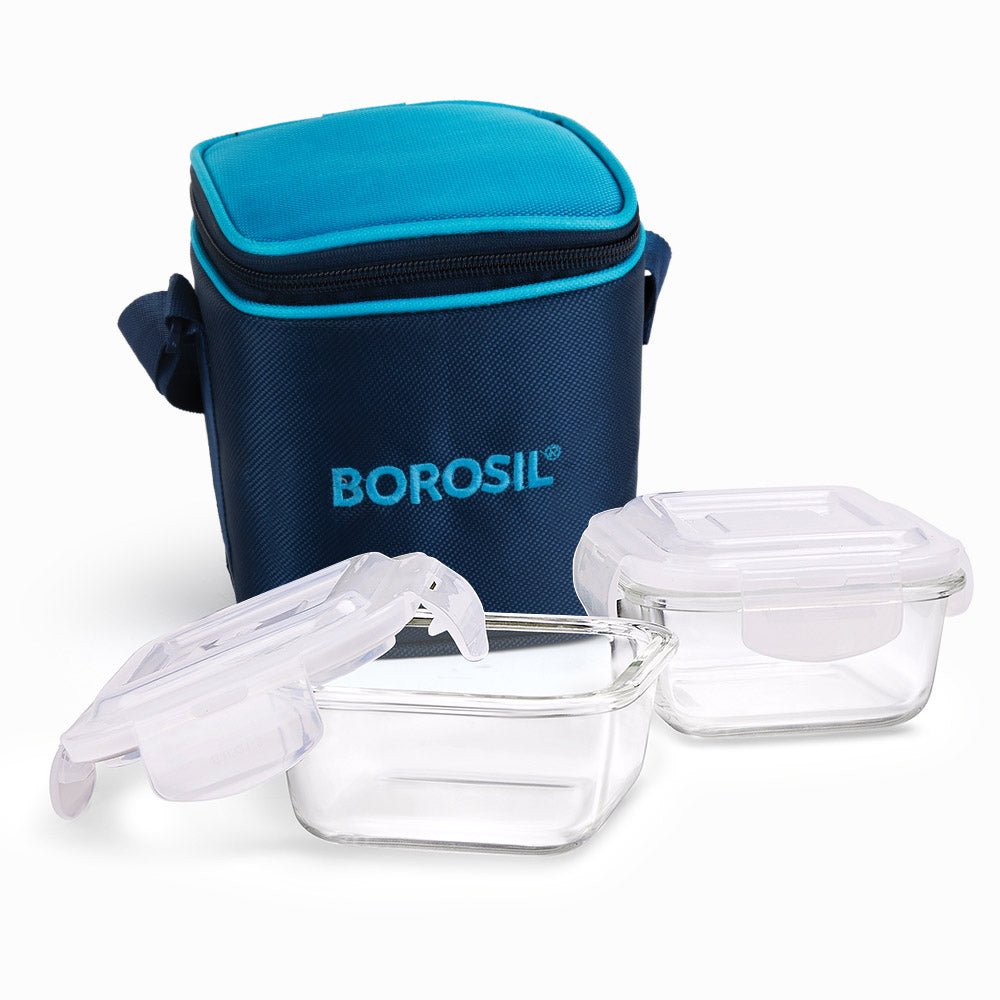 My Borosil Glass Lunchboxes Set of 2, 320ml Alfa Blue Glass Lunch Box, Square x 2 (Flat)