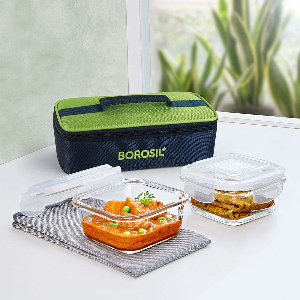 My Borosil Glass Lunchboxes Set of 2, 320ml Alfa Green Glass Lunch Box, Square x 2 (Flat)