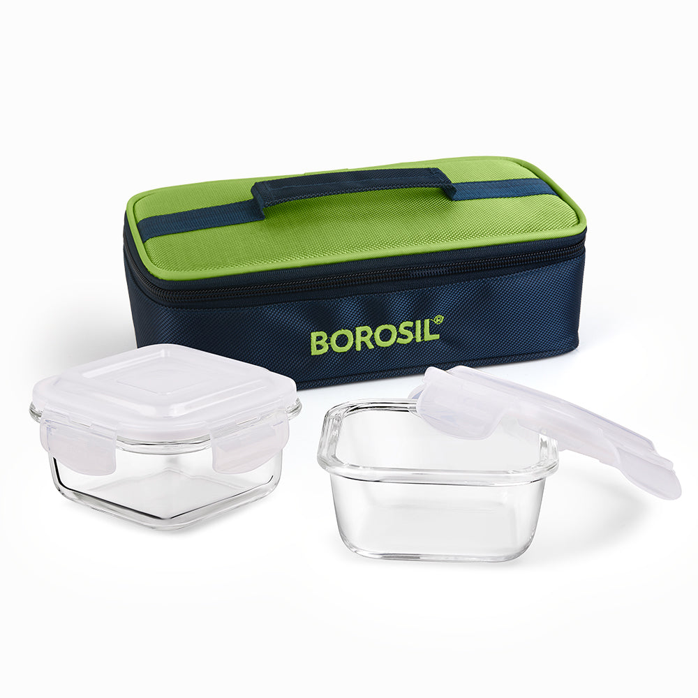 My Borosil Glass Lunchboxes Set of 2, 320ml Alfa Green Glass Lunch Box, Square x 2 (Flat)