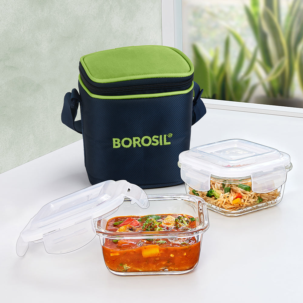 My Borosil Glass Lunchboxes Set of 2, 320ml Alfa Green Glass Lunch Box, Square x 2 (Tall)